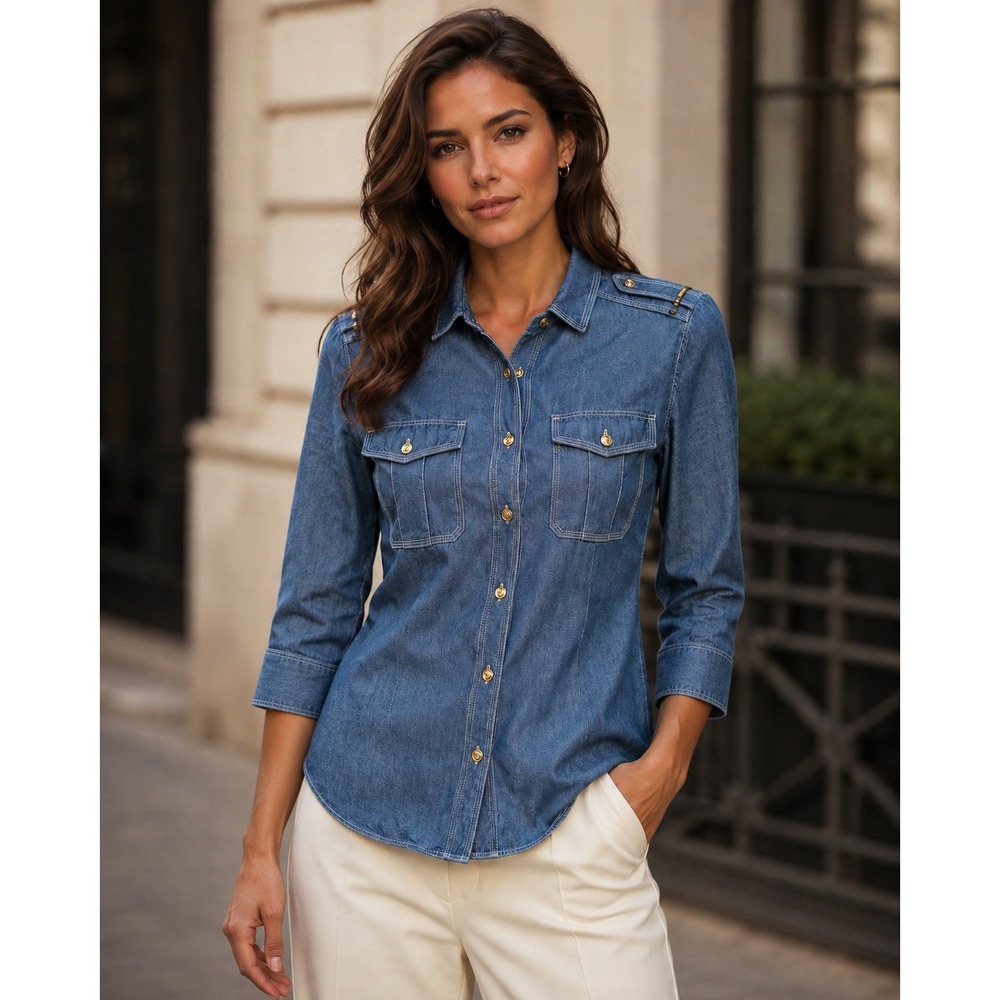 Burberry Brit Blue Denim Polished Utility Shirt Gold Button Epaulettes XS Luxury